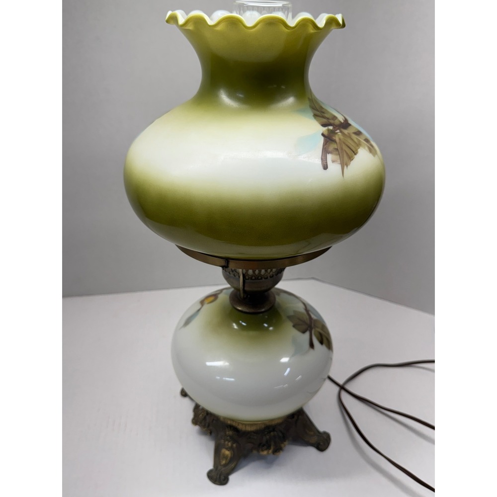 Vintage Gone with the Wind Hurricane Lamp Hand Painted Floral Green Orange Rose - Picture 2 of 8